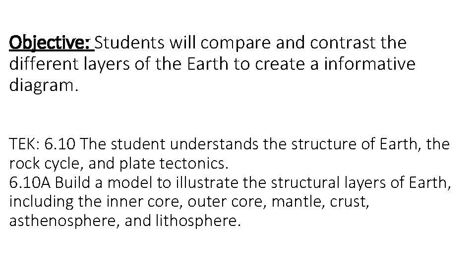 Objective: Students will compare and contrast the different layers of the Earth to create