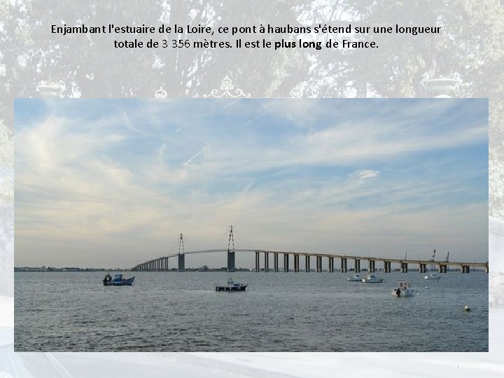 Enjambant l'estuaire de la Loire, ce pont à haubans s'étend sur une longueur totale