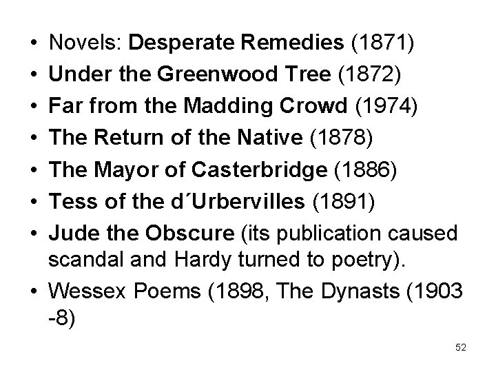  • • Novels: Desperate Remedies (1871) Under the Greenwood Tree (1872) Far from