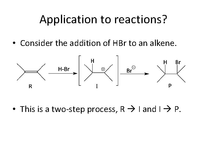 Application to reactions? • Consider the addition of HBr to an alkene. • This