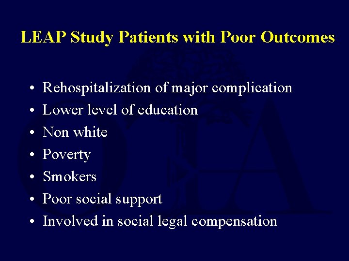 LEAP Study Patients with Poor Outcomes • • Rehospitalization of major complication Lower level