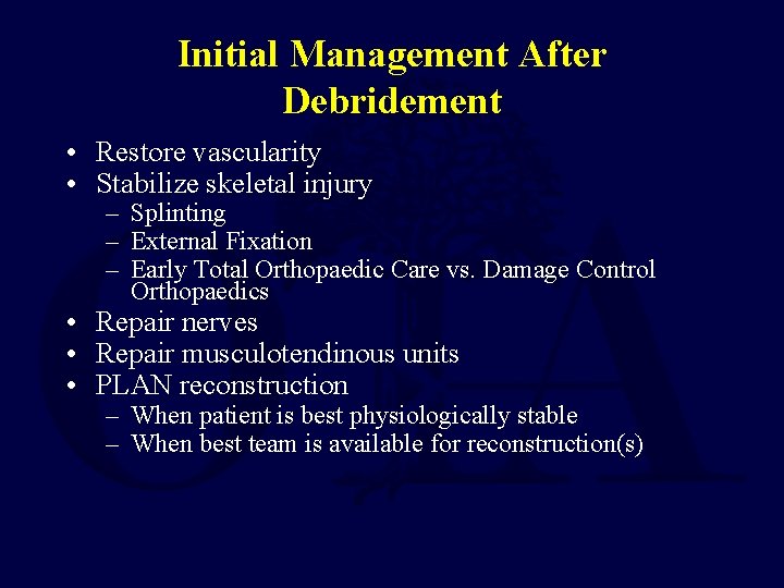 Initial Management After Debridement • Restore vascularity • Stabilize skeletal injury – Splinting –