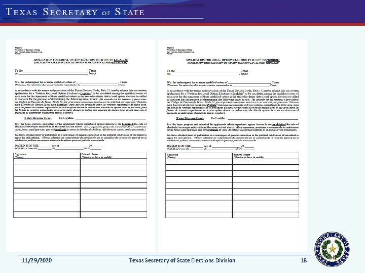 11/29/2020 Texas Secretary of State Elections Division 18 11/29/2020 Texas Secretary of State Elections Division 18