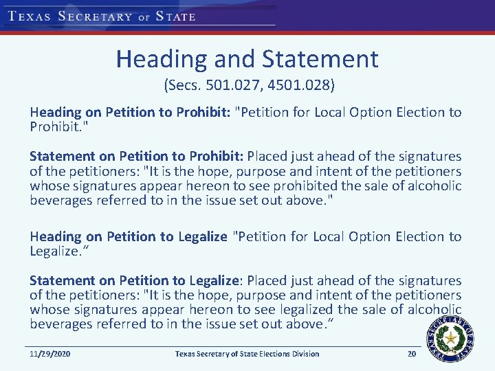 Heading and Statement (Secs. 501. 027, 4501. 028) Heading on Petition to Prohibit: "Petition Heading and Statement (Secs. 501. 027, 4501. 028) Heading on Petition to Prohibit: "Petition