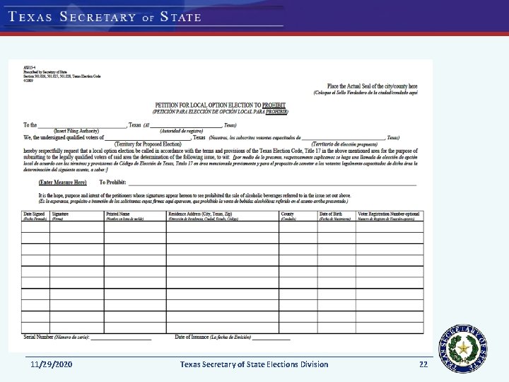 11/29/2020 Texas Secretary of State Elections Division 22 11/29/2020 Texas Secretary of State Elections Division 22