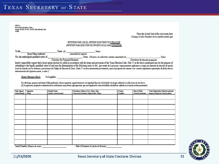 11/29/2020 Texas Secretary of State Elections Division 23 11/29/2020 Texas Secretary of State Elections Division 23