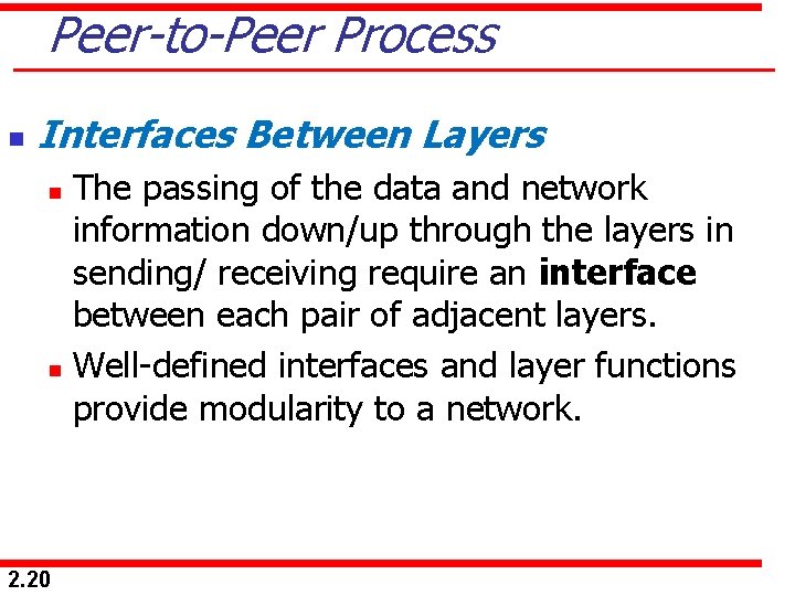 Peer-to-Peer Process n Interfaces Between Layers The passing of the data and network information