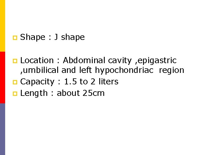 p Shape : J shape Location : Abdominal cavity , epigastric , umbilical and