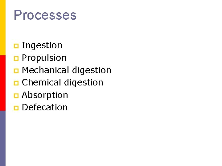 Processes Ingestion p Propulsion p Mechanical digestion p Chemical digestion p Absorption p Defecation Processes Ingestion p Propulsion p Mechanical digestion p Chemical digestion p Absorption p Defecation