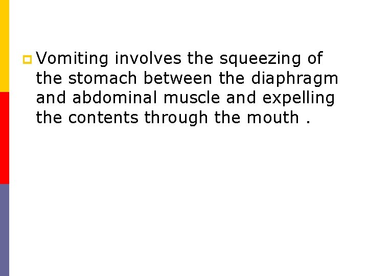 p Vomiting involves the squeezing of the stomach between the diaphragm and abdominal muscle p Vomiting involves the squeezing of the stomach between the diaphragm and abdominal muscle