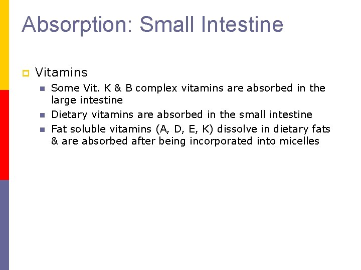 Absorption: Small Intestine p Vitamins n n n Some Vit. K & B complex Absorption: Small Intestine p Vitamins n n n Some Vit. K & B complex