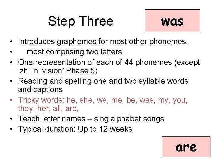 Step Three was • Introduces graphemes for most other phonemes, • most comprising two