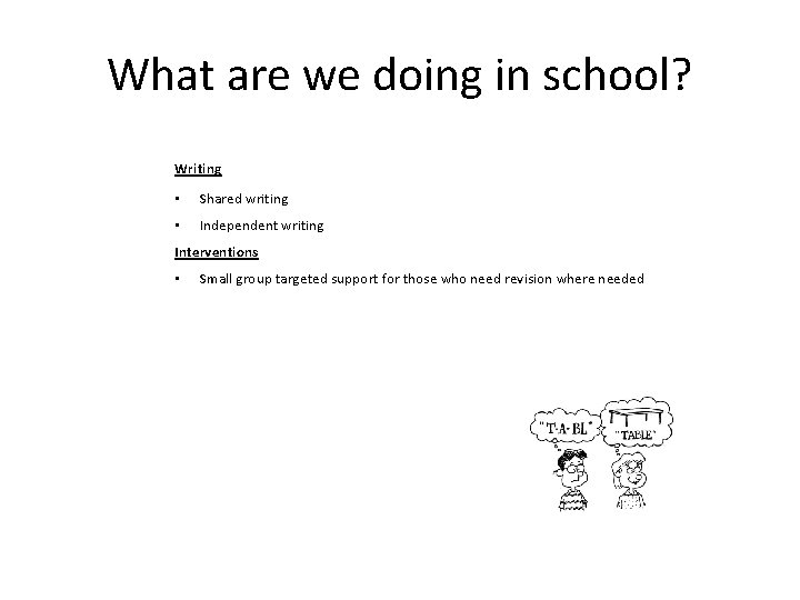 What are we doing in school? Writing • Shared writing • Independent writing Interventions