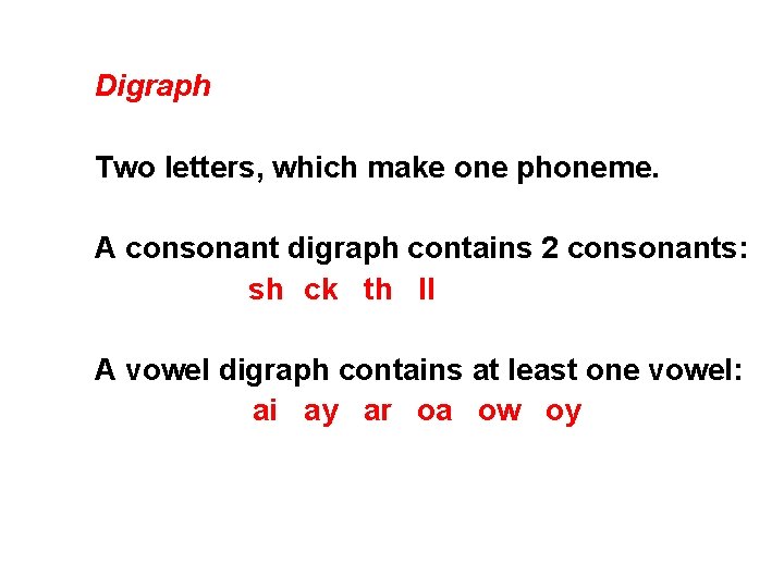 Digraph Two letters, which make one phoneme. A consonant digraph contains 2 consonants: sh