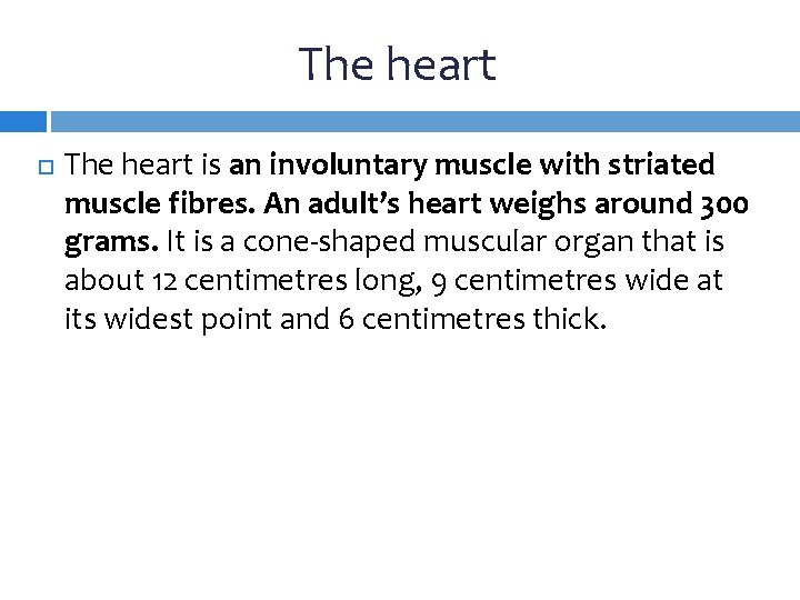 The heart is an involuntary muscle with striated muscle fibres. An adult’s heart weighs