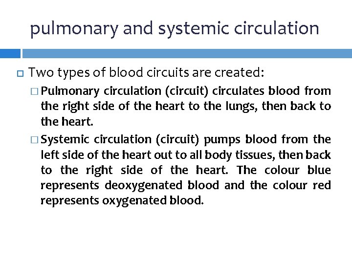 pulmonary and systemic circulation Two types of blood circuits are created: � Pulmonary circulation