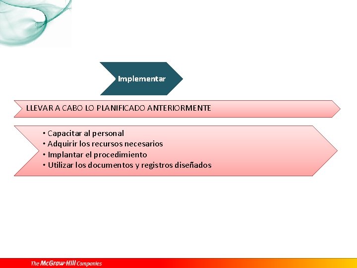 Implementar LLEVAR A CABO LO PLANIFICADO ANTERIORMENTE • Capacitar al personal • Adquirir los