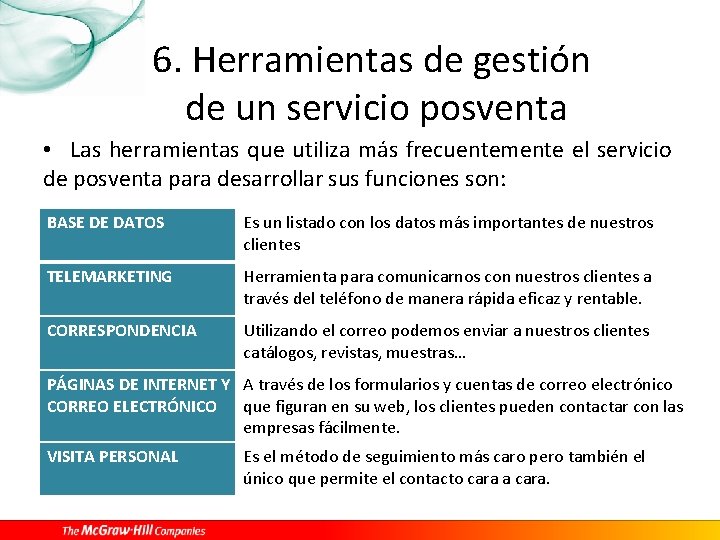 6. Herramientas de gestión de un servicio posventa • Las herramientas que utiliza más