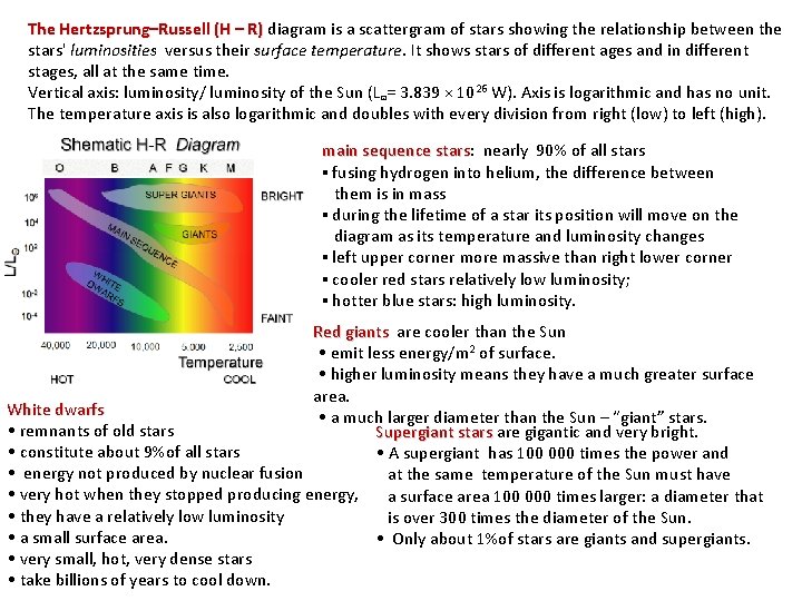 The Hertzsprung–Russell (H – R) diagram is a scattergram of stars showing the relationship