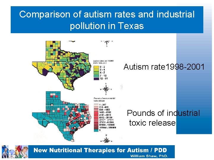 Comparison of autism rates and industrial pollution in Texas Autism rate 1998 -2001 Pounds