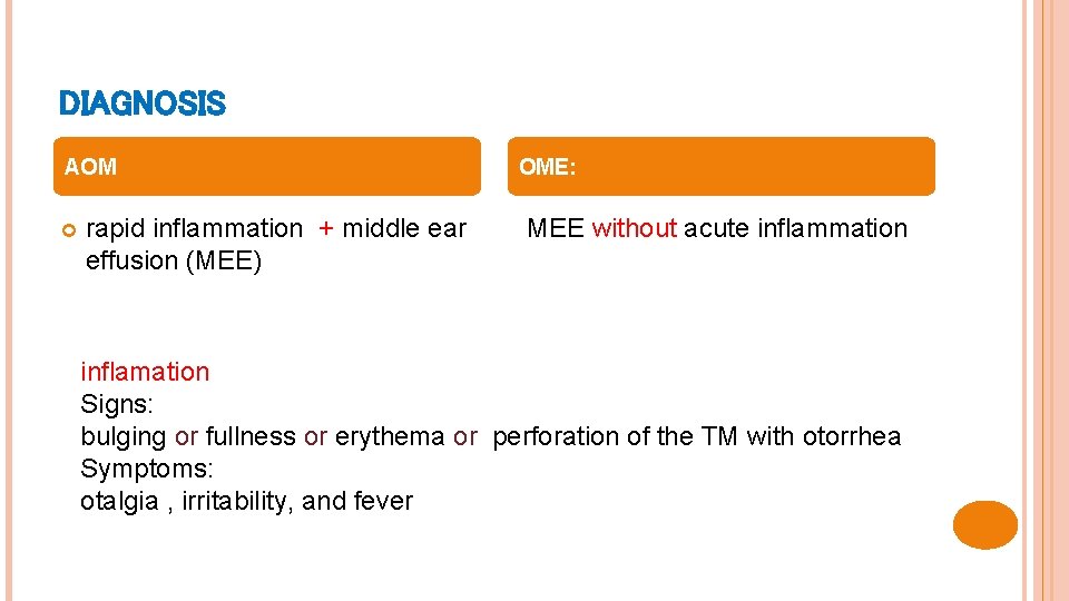 DIAGNOSIS AOM rapid inflammation + middle ear effusion (MEE) OME: MEE without acute inflammation