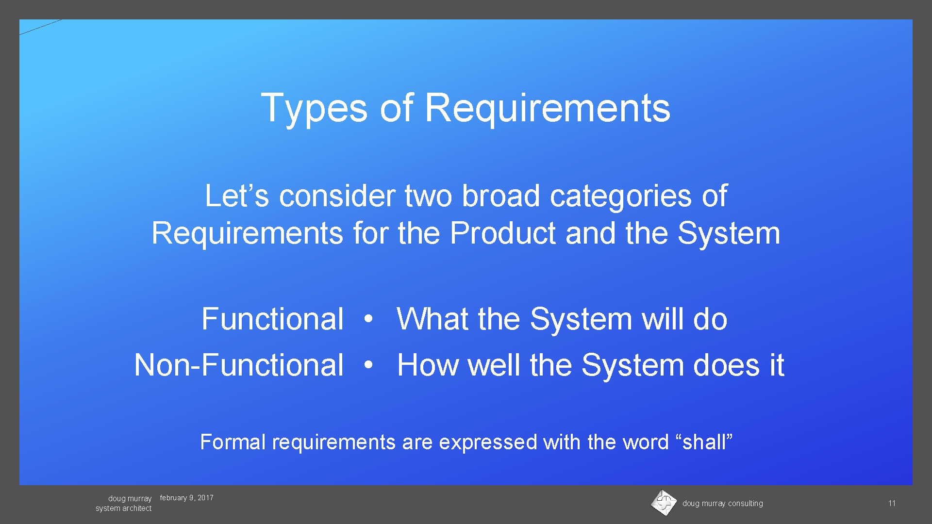 Types of Requirements Let’s consider two broad categories of Requirements for the Product and