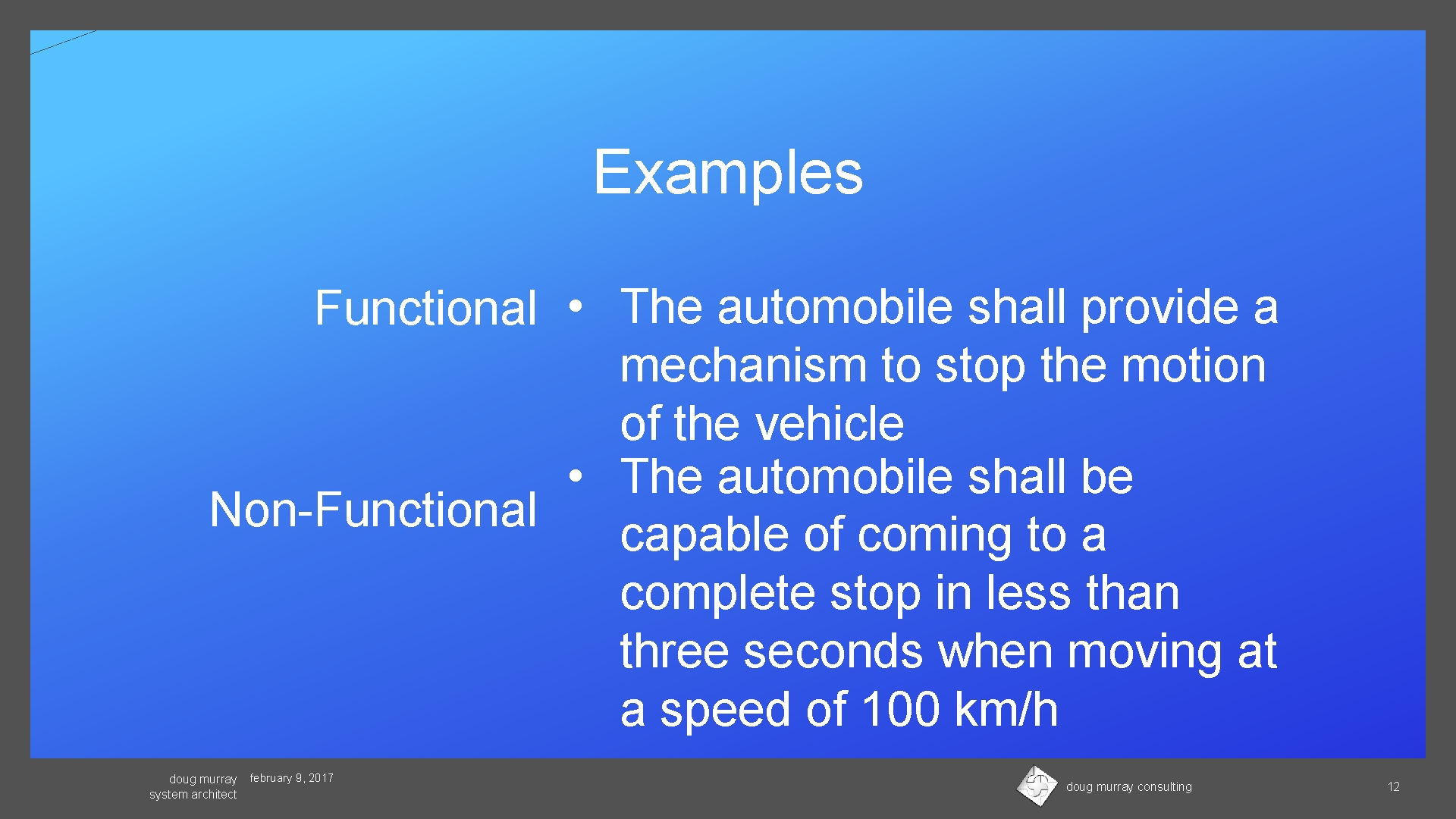 Examples Functional • The automobile shall provide a mechanism to stop the motion of