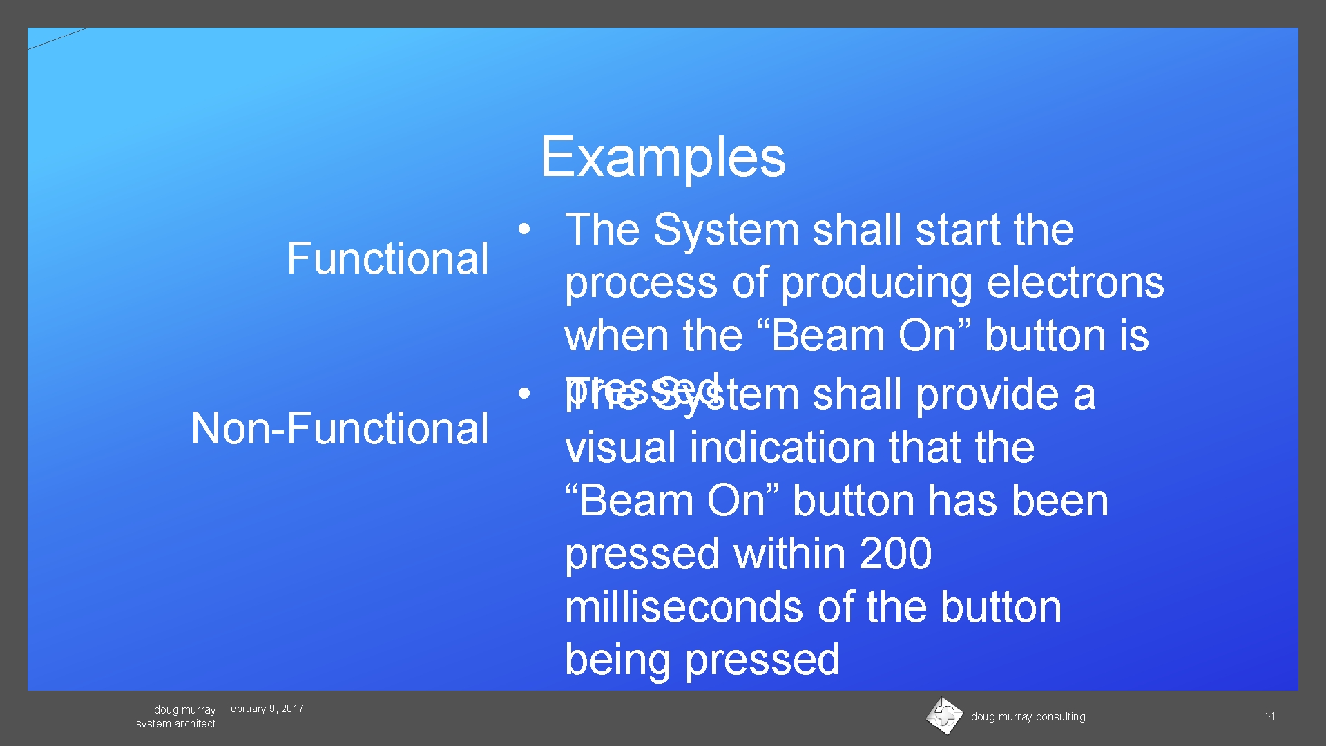 Examples • The System shall start the Functional process of producing electrons when the