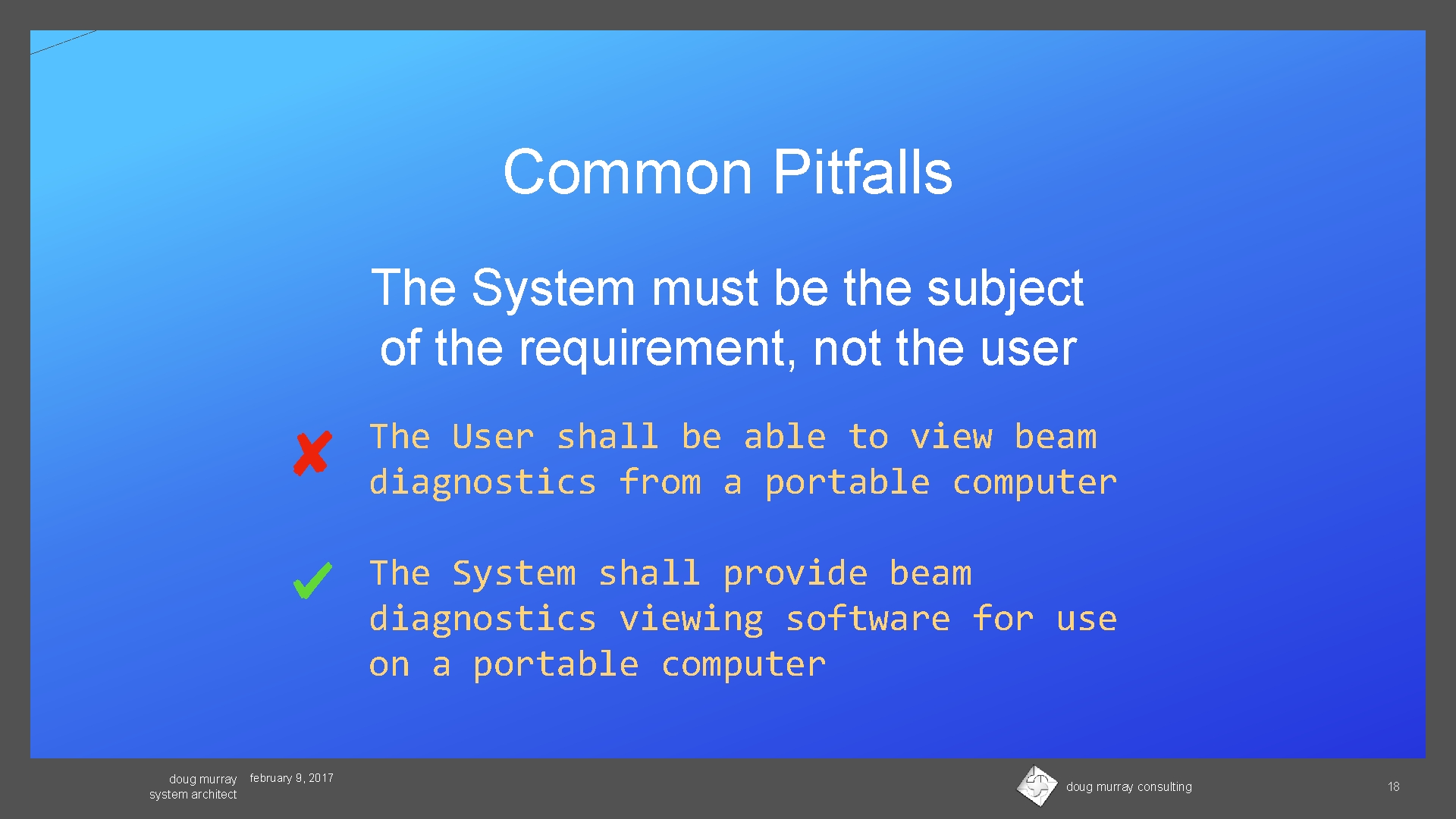 Common Pitfalls The System must be the subject of the requirement, not the user
