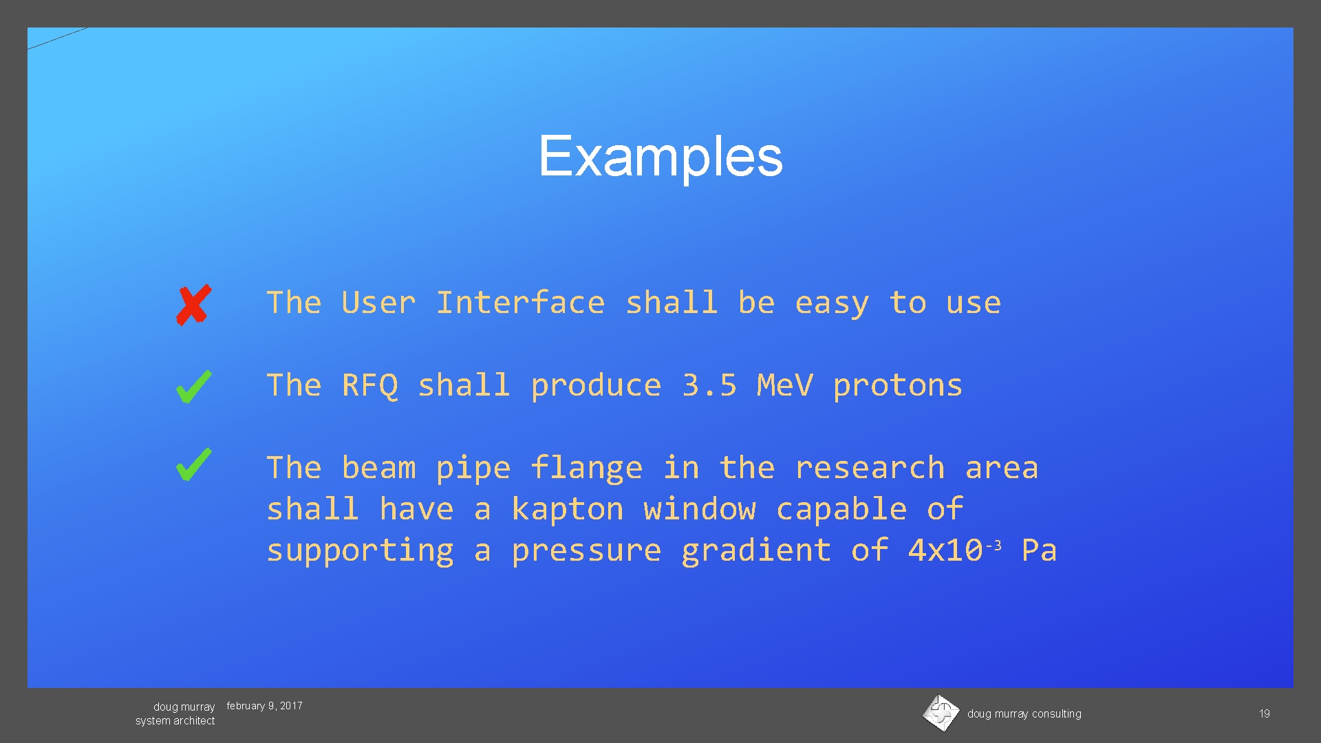 Examples The User Interface shall be easy to use The RFQ shall produce 3.