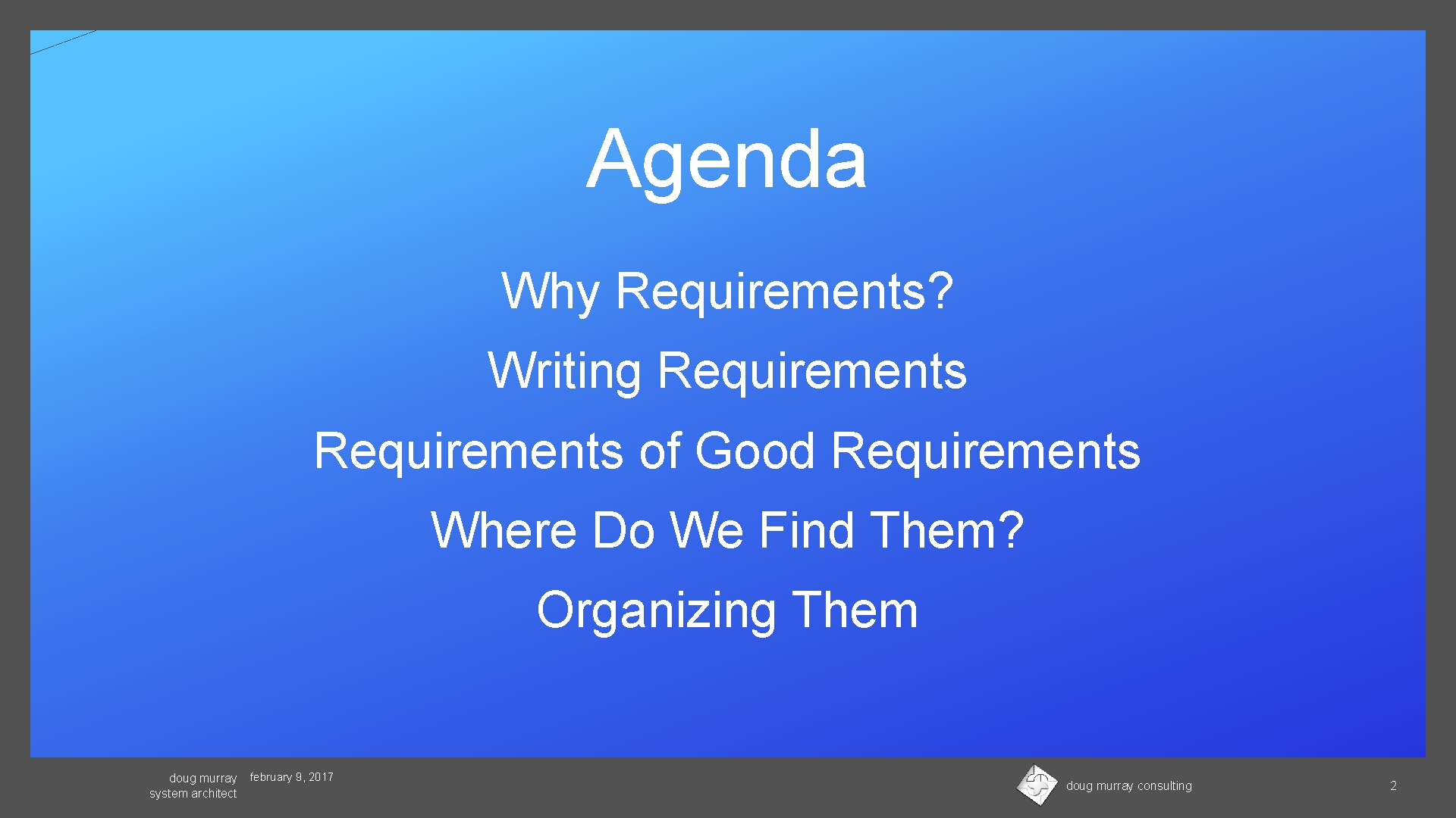 Agenda Why Requirements? Writing Requirements of Good Requirements Where Do We Find Them? Organizing