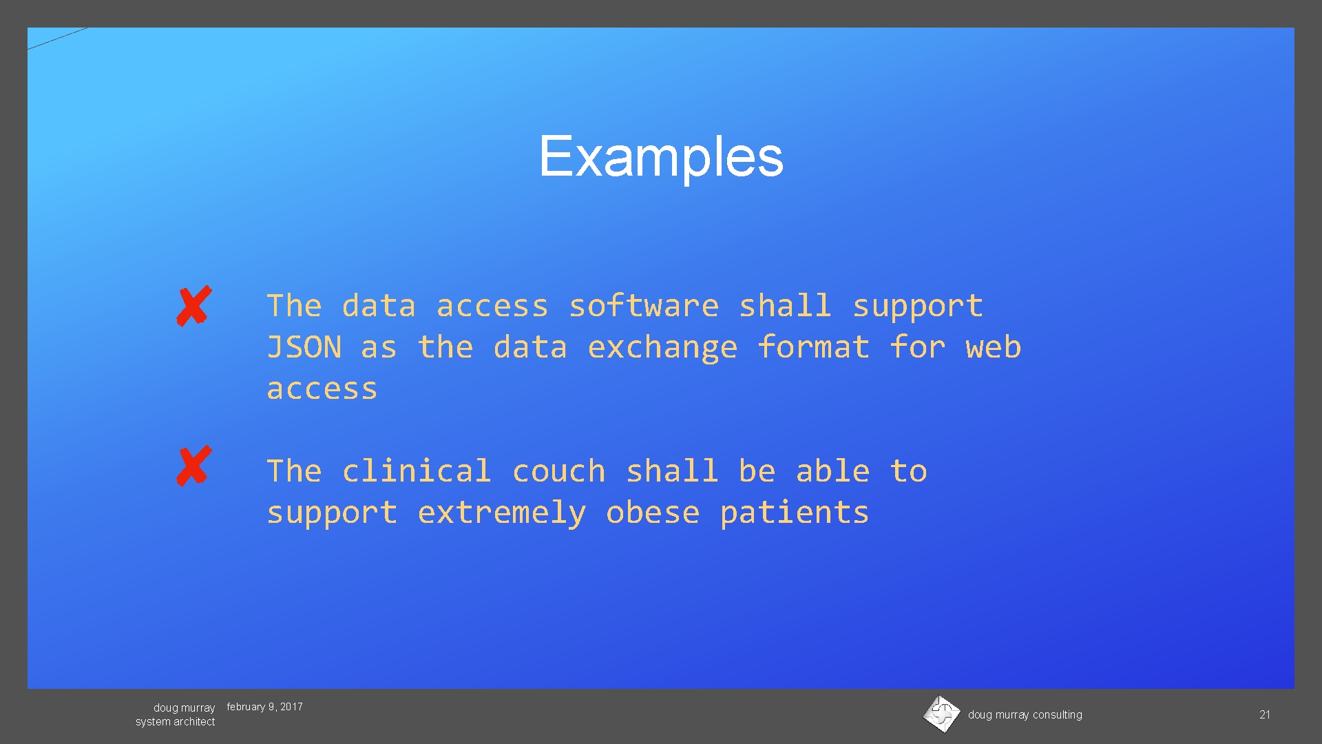 Examples The data access software shall support JSON as the data exchange format for