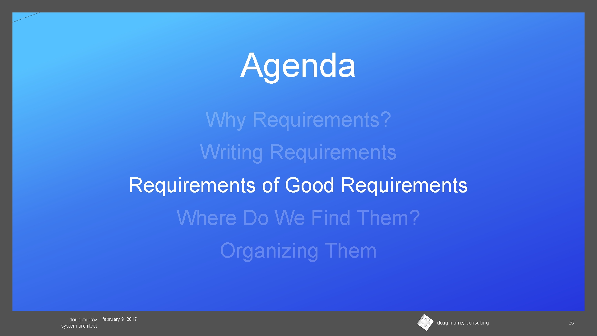 Agenda Why Requirements? Writing Requirements of Good Requirements Where Do We Find Them? Organizing