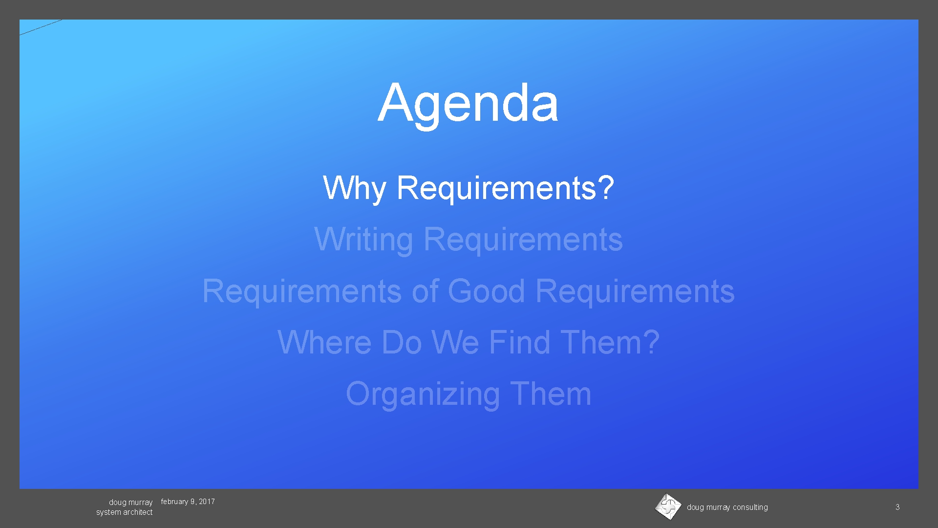 Agenda Why Requirements? Writing Requirements of Good Requirements Where Do We Find Them? Organizing