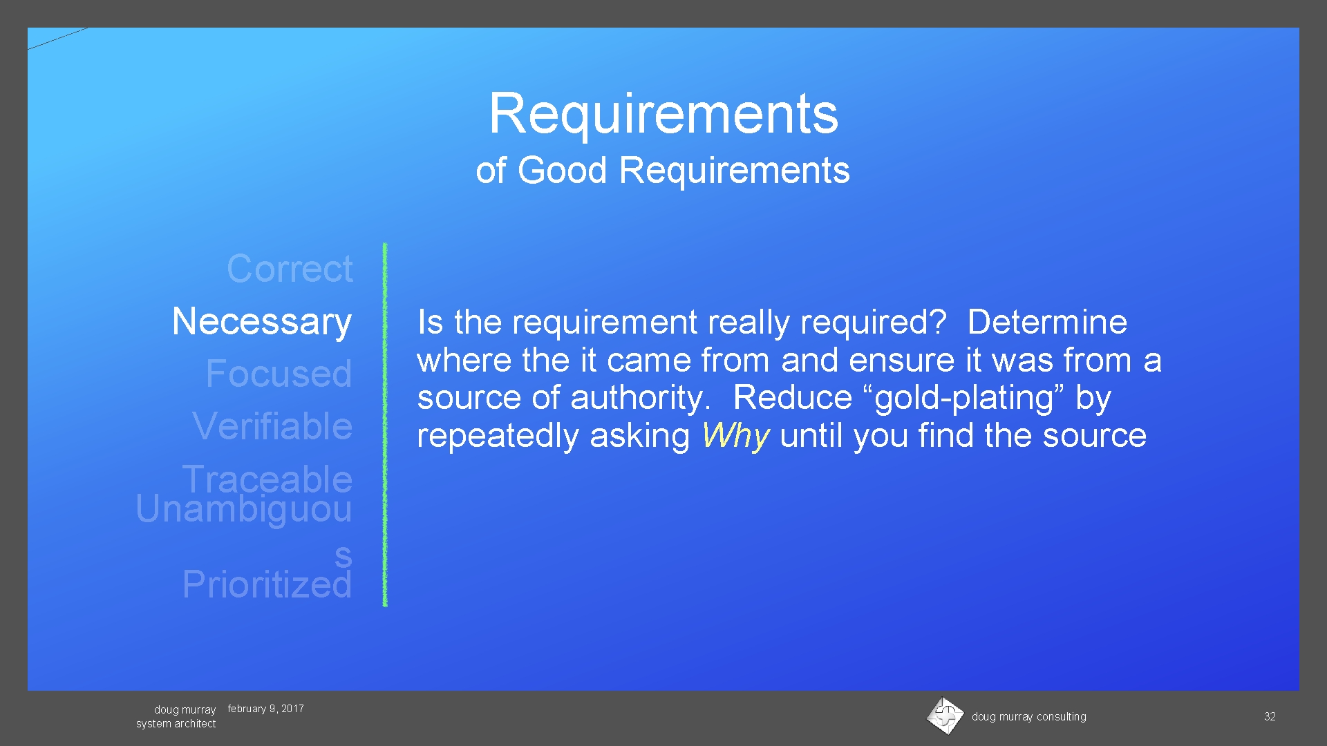 Requirements of Good Requirements Correct Necessary Focused Verifiable Traceable Unambiguou s Prioritized doug murray