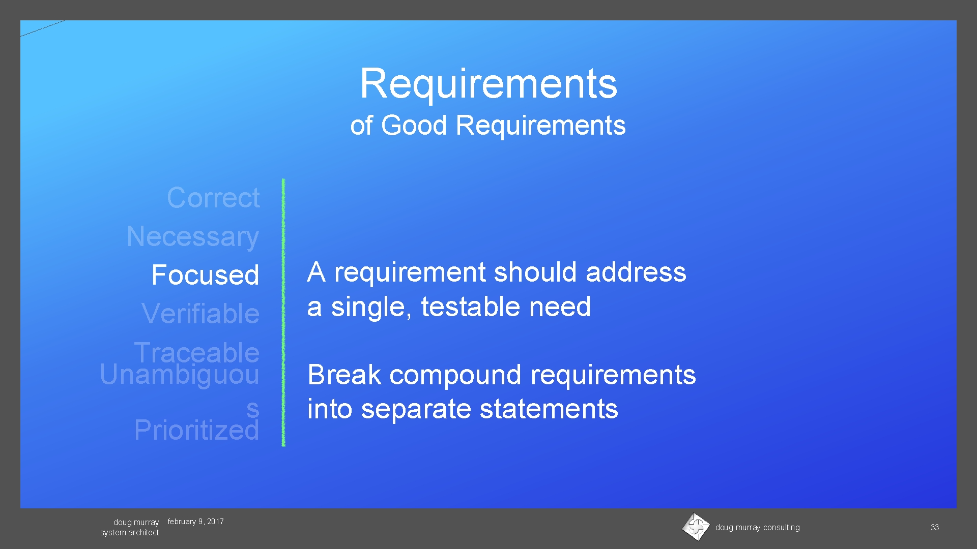 Requirements of Good Requirements Correct Necessary Focused Verifiable Traceable Unambiguou s Prioritized doug murray