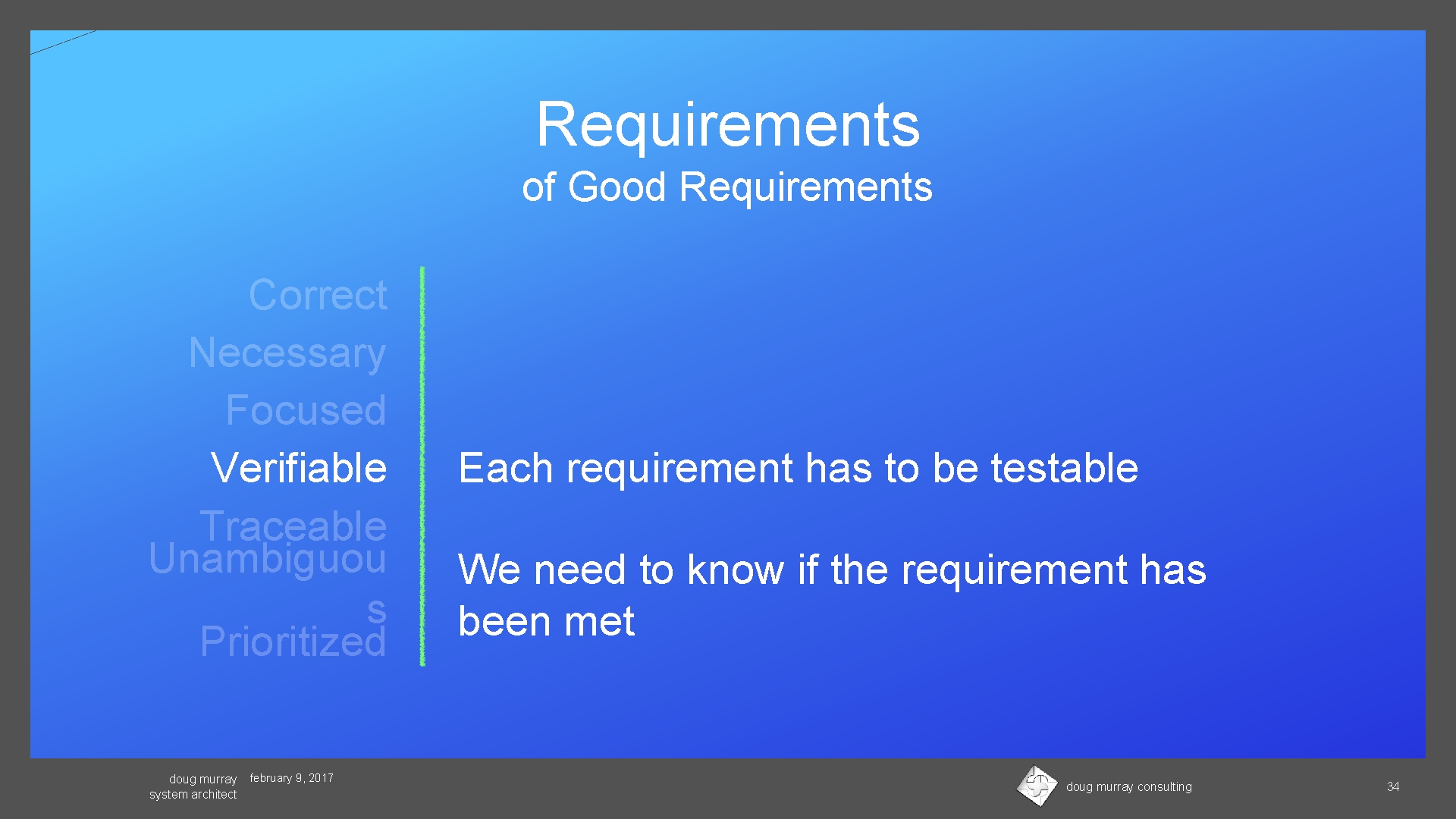 Requirements of Good Requirements Correct Necessary Focused Verifiable Traceable Unambiguou s Prioritized doug murray