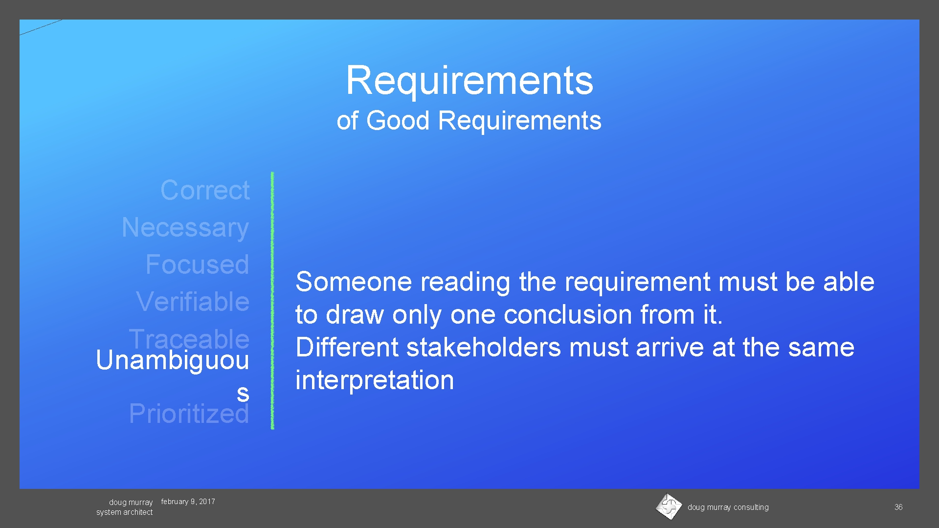 Requirements of Good Requirements Correct Necessary Focused Verifiable Traceable Unambiguou s Prioritized doug murray