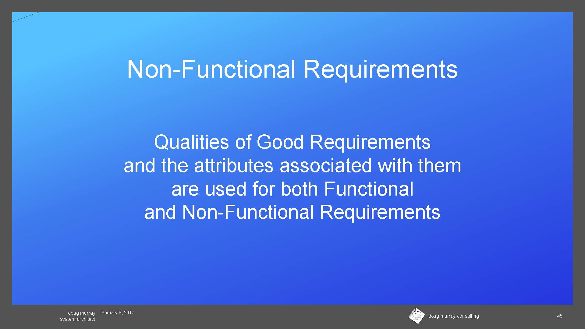 Non-Functional Requirements Qualities of Good Requirements and the attributes associated with them are used