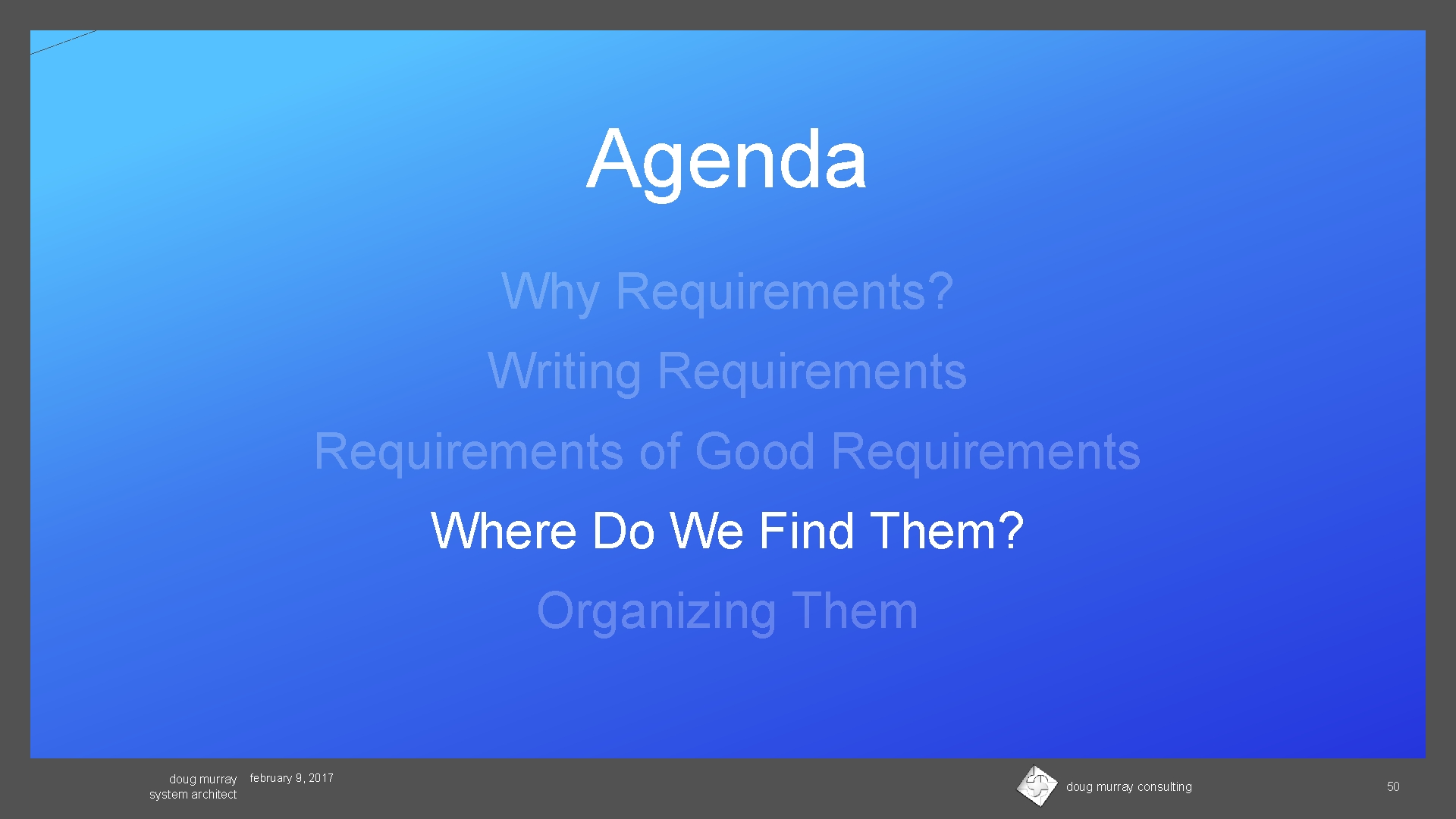 Agenda Why Requirements? Writing Requirements of Good Requirements Where Do We Find Them? Organizing