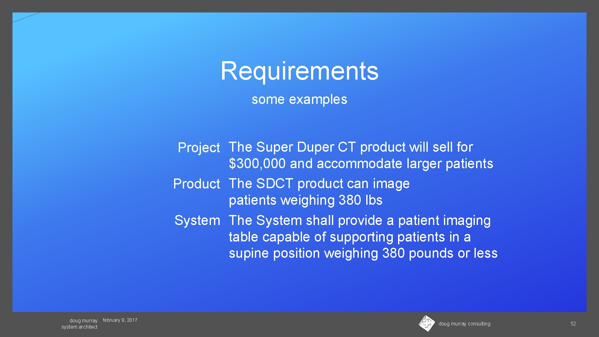 Requirements some examples Project The Super Duper CT product will sell for $300, 000