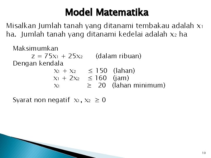 Model Matematika Misalkan Jumlah tanah yang ditanami tembakau adalah x 1 ha. Jumlah tanah