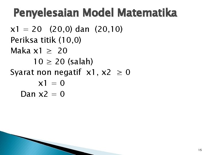 Penyelesaian Model Matematika x 1 = 20 (20, 0) dan (20, 10) Periksa titik