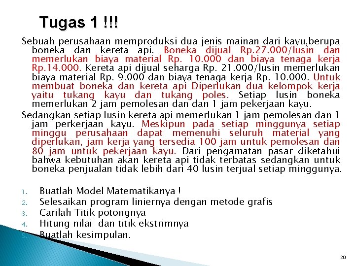 Tugas 1 !!! Sebuah perusahaan memproduksi dua jenis mainan dari kayu, berupa boneka dan