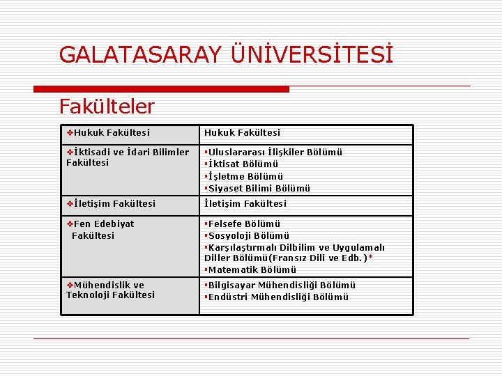 GALATASARAY ÜNİVERSİTESİ Fakülteler v. Hukuk Fakültesi vİktisadi ve İdari Bilimler Fakültesi §Uluslararası İlişkiler Bölümü