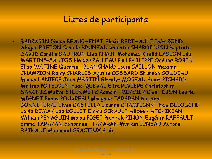 Listes de participants • BARBARIN Simon BEAUCHENAT Flavie BERTHAULT Inès BOND Abigail BRETON Camille