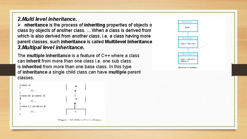 2. Multi level inheritance. Ø nheritance is the process of inheriting properties of objects