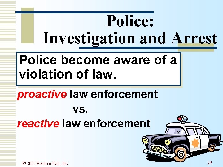 Police: Investigation and Arrest Police become aware of a violation of law. proactive law