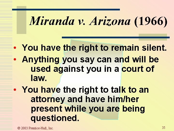 Miranda v. Arizona (1966) • You have the right to remain silent. • Anything