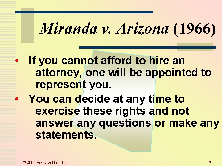 Miranda v. Arizona (1966) • If you cannot afford to hire an attorney, one